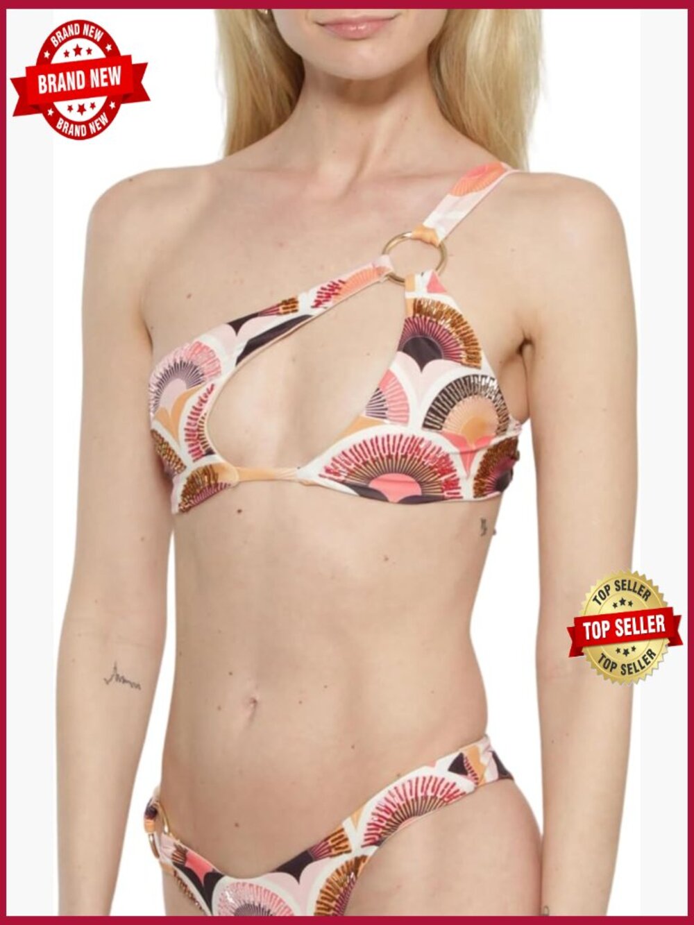 Rainbow One-Shoulder Bikini Set with Beaded Details